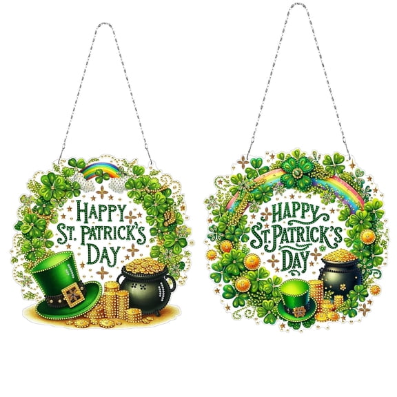 FLOPESN 2Pcs Four-Leaf Clover Wreath DIY Diamond Art Painting Pendant, St. Patrick's Day Creative Design PET Material Home Decor