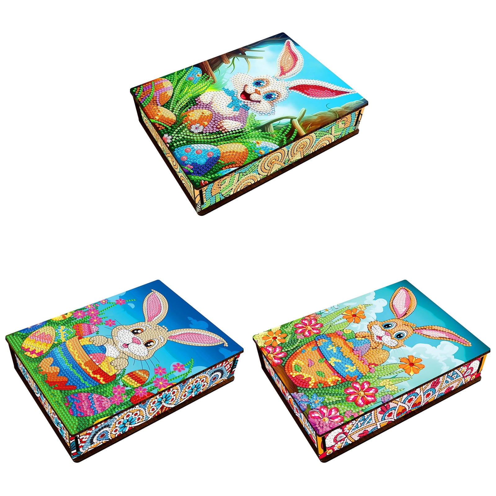 FLOPESN 3Pcs Easter Bunny Eggs DIY Diamond Art Painting Storage Box, Diamond Painting Large Capacity Holiday Storage Box placable jewelry, cosmetics, and small items
