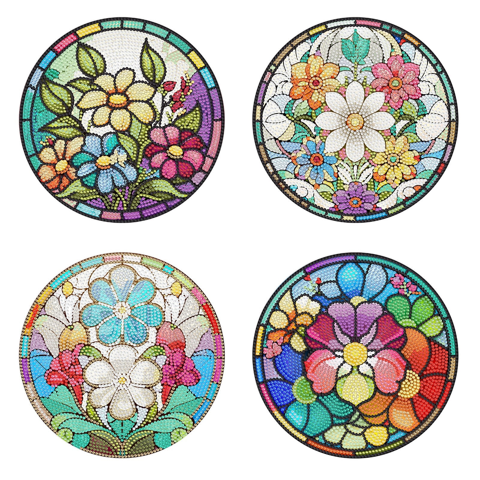 FLOPESN 4 Pcs Diamond Art Painting Coasters,Acrylic Single-Sided Dotted Diamond Dinner Plate Set for Restaurant Decoration-Flowers