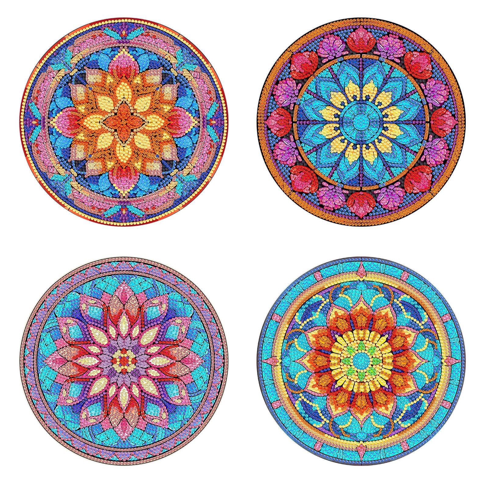 FLOPESN 4 Pcs Diamond Art Painting Coasters,Acrylic Single-Sided Dotted Diamond Dinner Plate Set for Restaurant Decoration-Mandola
