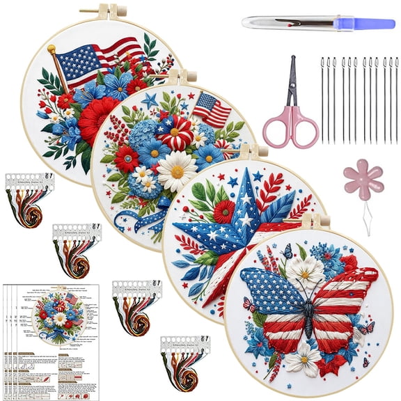 FLOPESN 4PCS DIY American Independence Day Pattern Hand Embroidery Kit, 7.87*7.87inch, Cross Stitch Set with Hoop, Threads & Tools, Beginner Friendly Handmade Art