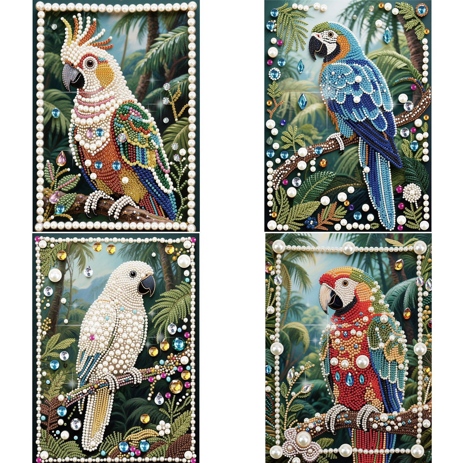 FLOPESN 4PCS Parrots DIY Gemstone Pearl Painting Kit - 9.84x13.78 Inch Frameless Colourful Canvas Art for Adults, Stress Relief Craft & Home Wall Decor