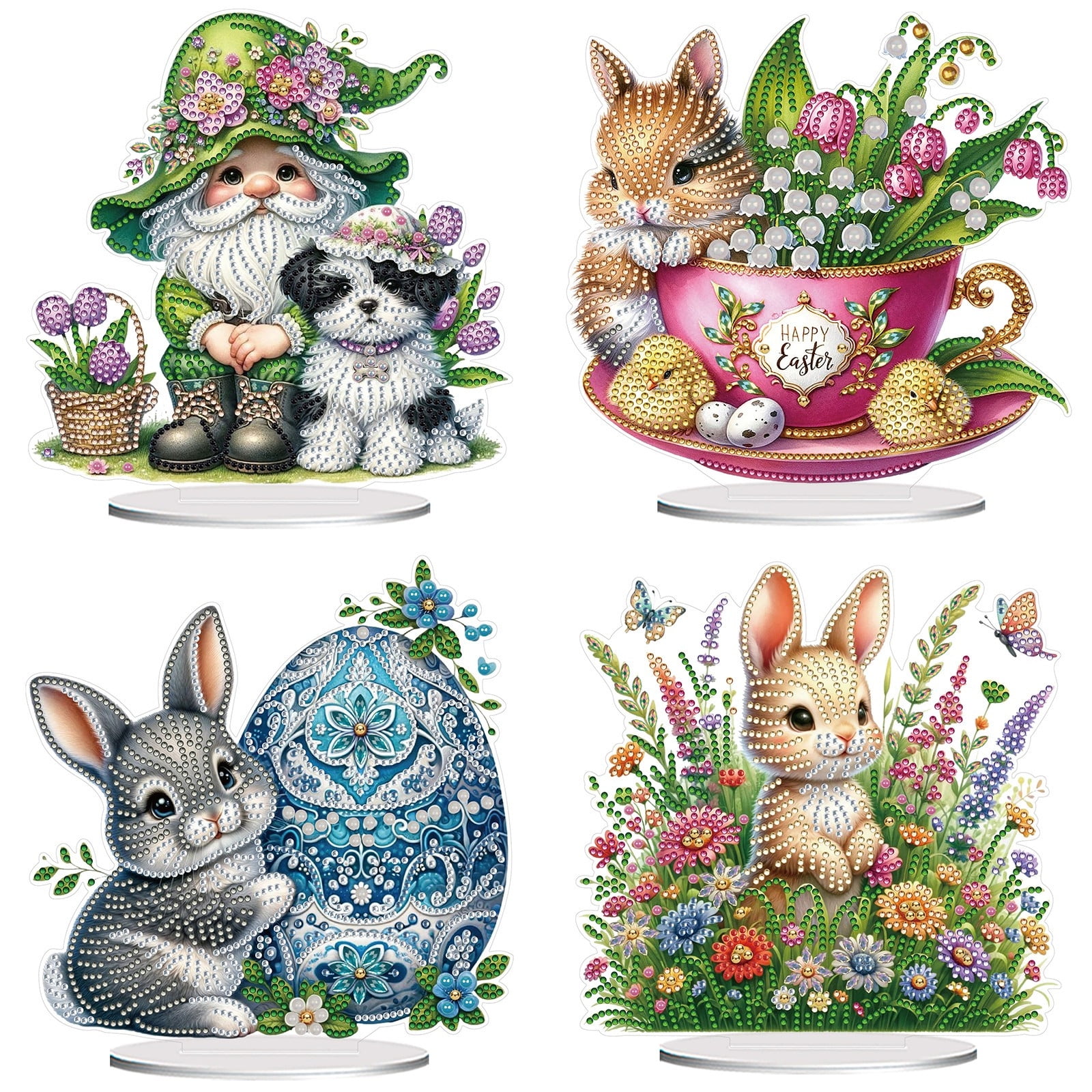 FLOPESN 4Pcs DIY Diamond Art Painting Easter Bunny Ornament Kits with Oval Base, Single-Sided Diamond Painting PET Craft for Home Decor