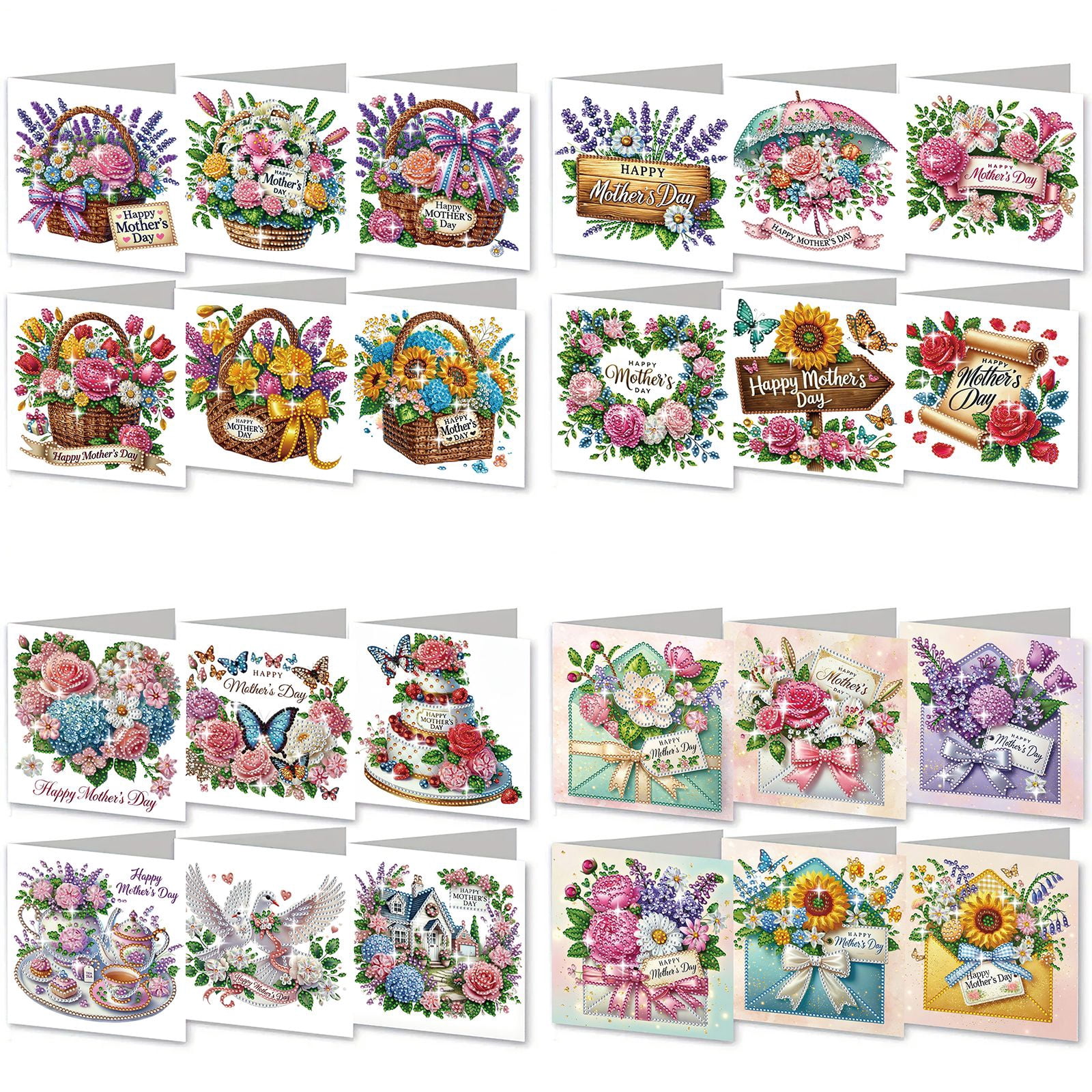 FLOPESN 4Pcs DIY Mother's Day Diamond Art Greeting Card Kit with White Envelope, 5.91X11.81in, Creative Design Blessing Gift Folding Card Set