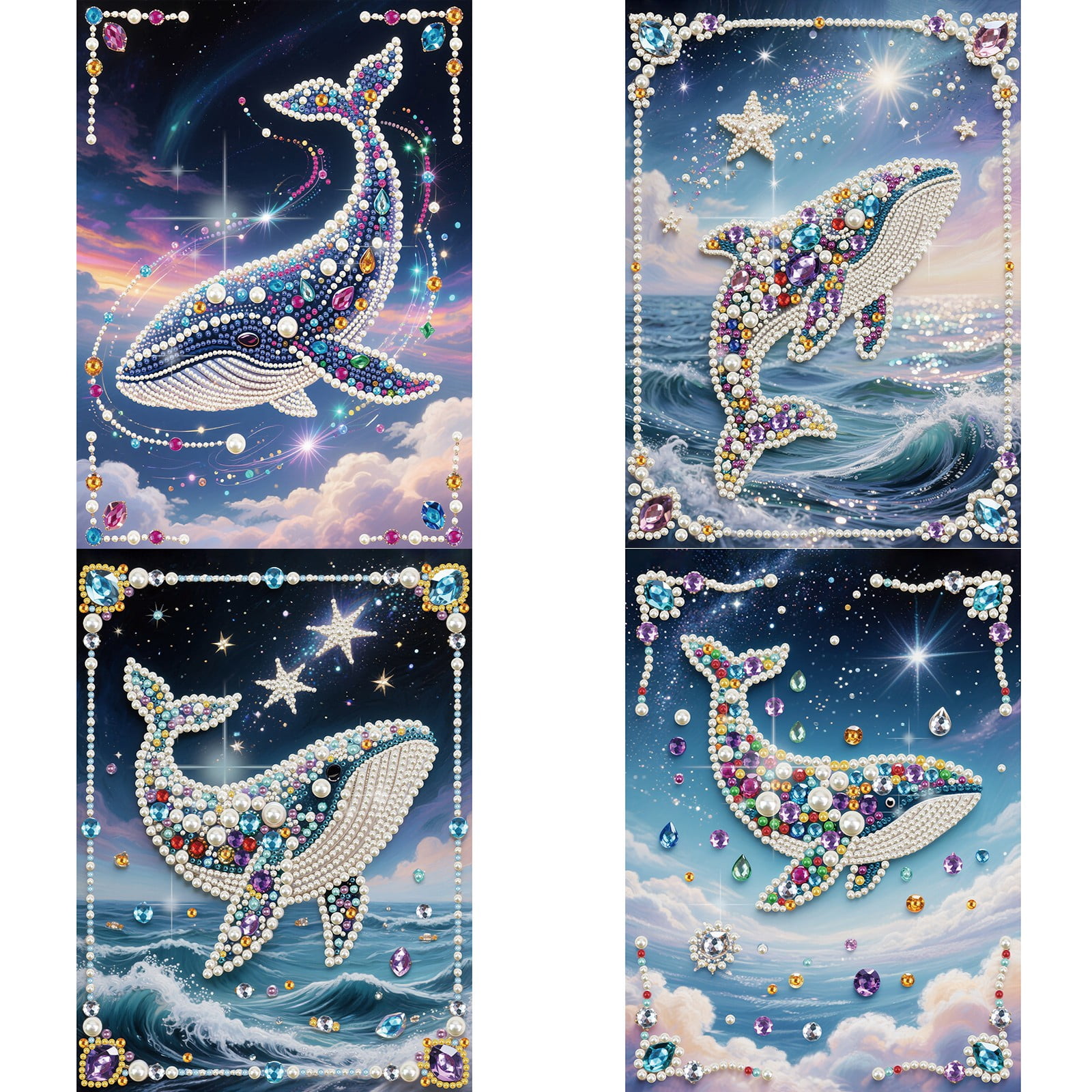 FLOPESN 4Pcs Whales DIY Gemstone Pearl Diamond Art Painting Kit Unframed, 9.84X13.78in, Colourful Canvas Holiday Present Home Wall Decor Unframed