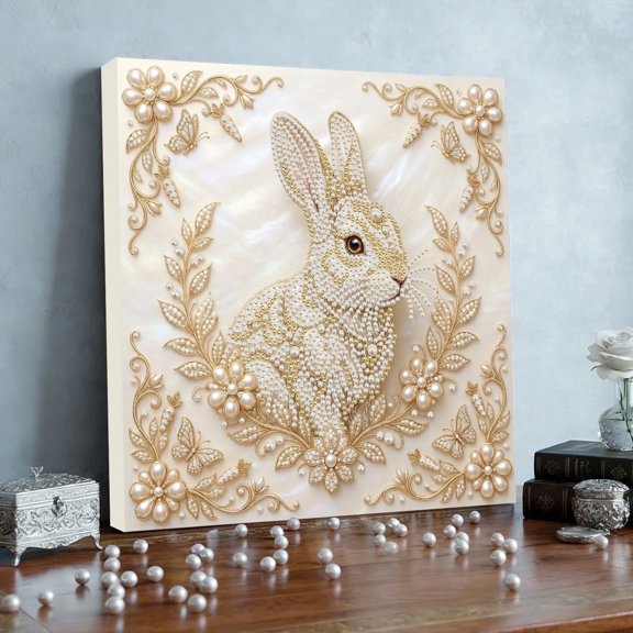 FLOPESN 5D Pearl DIY Painting Kit with Frame, 9.8 x 9.8 Inch, Zodiac Animal Rabbit Series Crystal Art Craft, Home Wall Decor Gift for Adults Kids