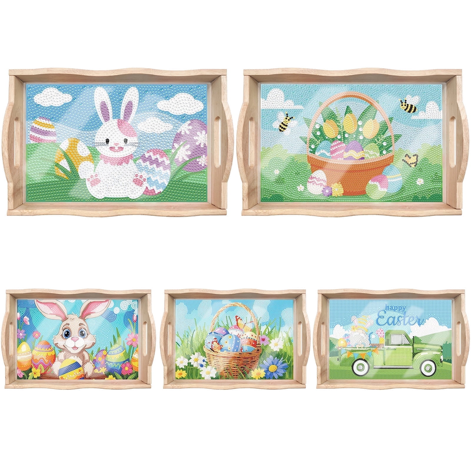 FLOPESN 5Pcs Easter Bunny DIY Diamond Art PaintingTray, Creative Design Handmade Wooden Dinner Plate For Kitchen、Coffee Shop
