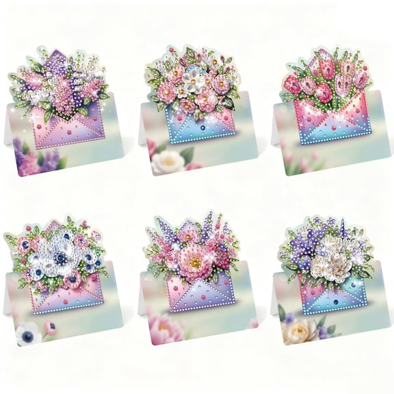 FLOPESN 6Pcs DIY Diamond Art Greeting Cards Set, Spring Flower 3D Folding Thank You Card For Birthday Holiday Blessing Gift(included envelopes)