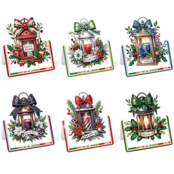 FLOPESN 6Pcs DIY Diamond Art Painting Creative Design Holiday Blessing Gift 3D Folding Greeting Card Set (11.5*11.5cm) (With White Envelope)-Christmas Lanterns