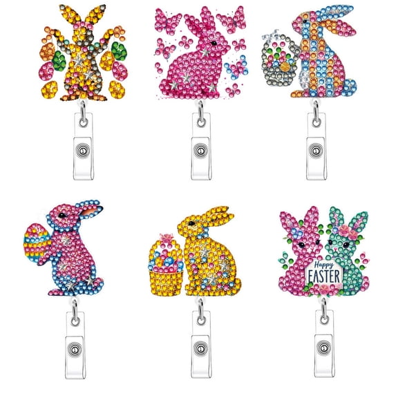 FLOPESN 6Pcs DIY Diamond Art Painting Retractable Badge Clip with Adorable Patterns,for ID Card Holder and Keychain Office Work Employee-Rabbit