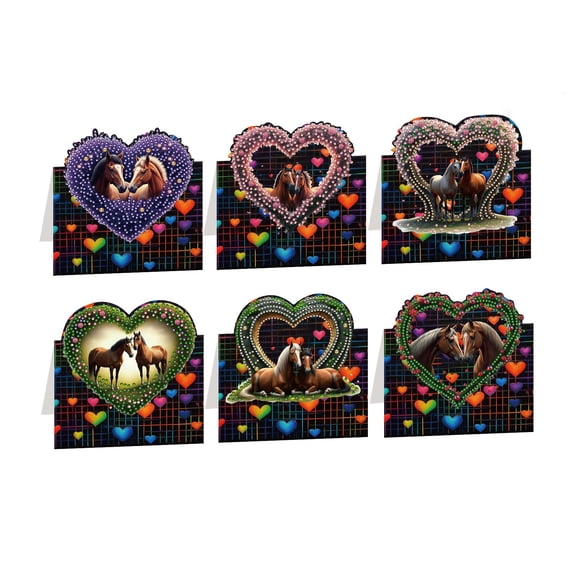 FLOPESN 6Pcs DIY Diamond Art Painting Valentine's Day Creative Design Holiday Blessing Gift 3D Folding Greeting Card Set With White Envelope 14*15cm-Horse