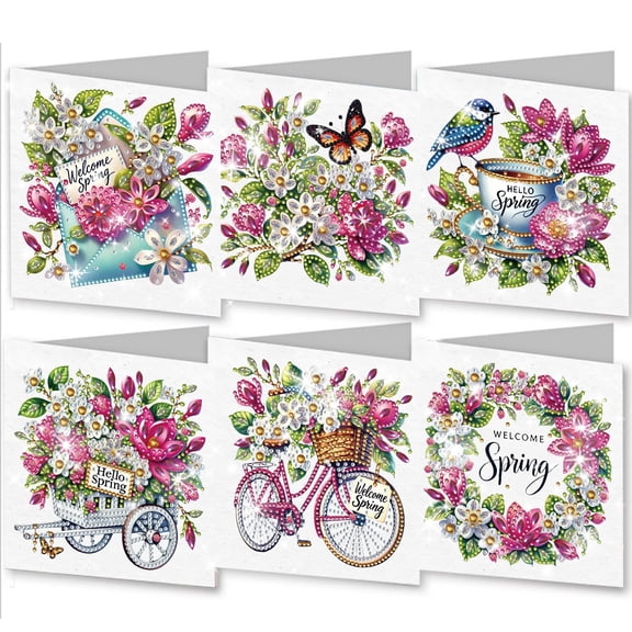 FLOPESN 6Pcs DIY Diamond Art Spring Greeting Card Set,Creative Design Folding Greeting Card Set Holiday Blessing Gift with white envelope 15*15cm-Magnolia