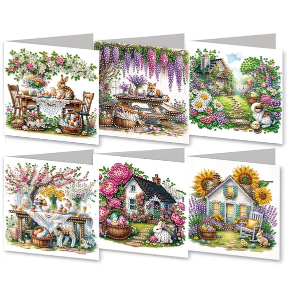 FLOPESN 6Pcs DIY Easter DIY Diamond Art Greeting Cards, 11.81X5.91in, Folding Blessing Card Set Gift with white envelope