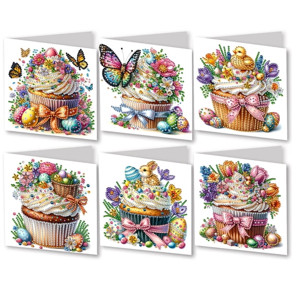 FLOPESN 6Pcs DIY Folding Greeting Card Diamond Art Painting Creative Design Blessing Card Set for Birthday Crafts Gift-Easter Cupcakes