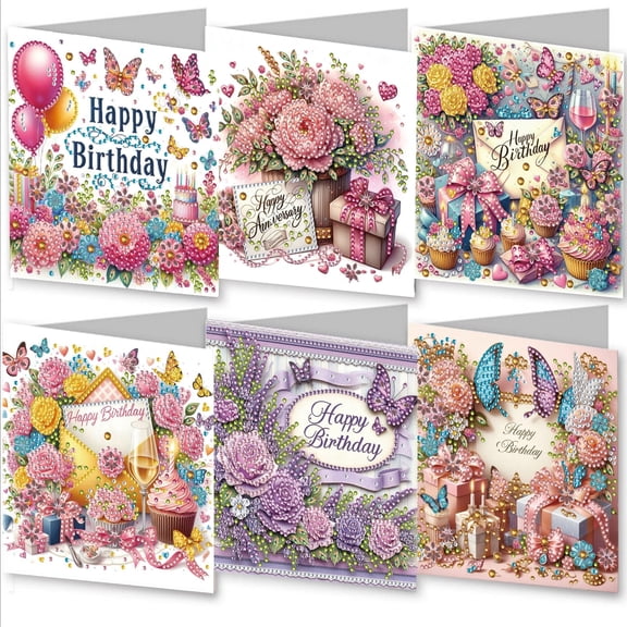 FLOPESN 6Pcs DIY Folding Greeting Card Diamond Art Painting Creative Design Foldable Thank You Cards Set for Birthday Valentine's Day Crafts Gift-Birthday1