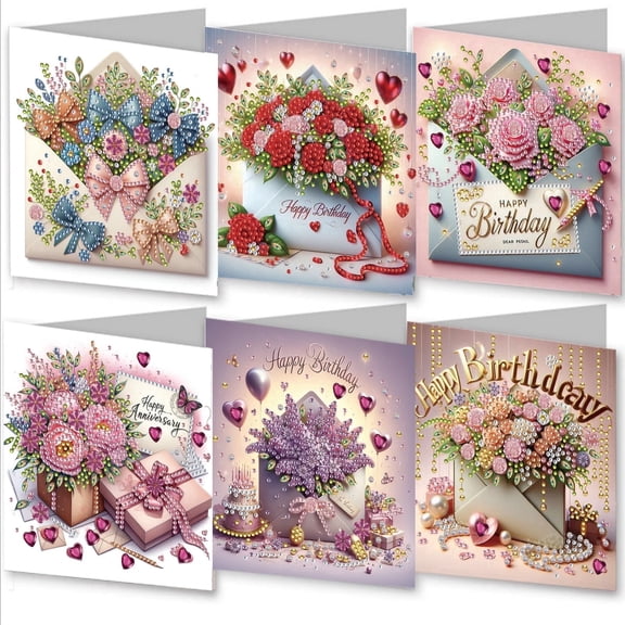 FLOPESN 6Pcs DIY Diamond Art Cards, Foldable Greeting Cards Set for Birthday Valentine's Day, Thank You Cards for Kids & Adults, DIY Craft Kit