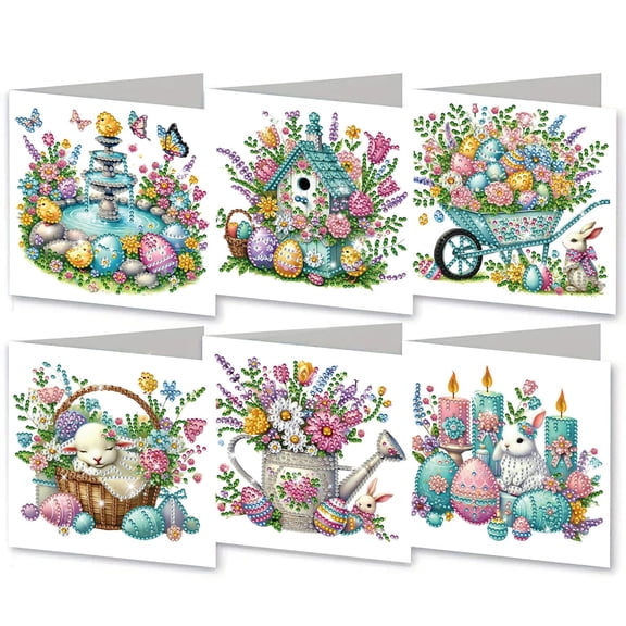 FLOPESN 6Pcs DIY Folding Greeting Card Easter Diamond Art Painting Creative Thank You Cards Set for Holiday Crafts Gift-Easter