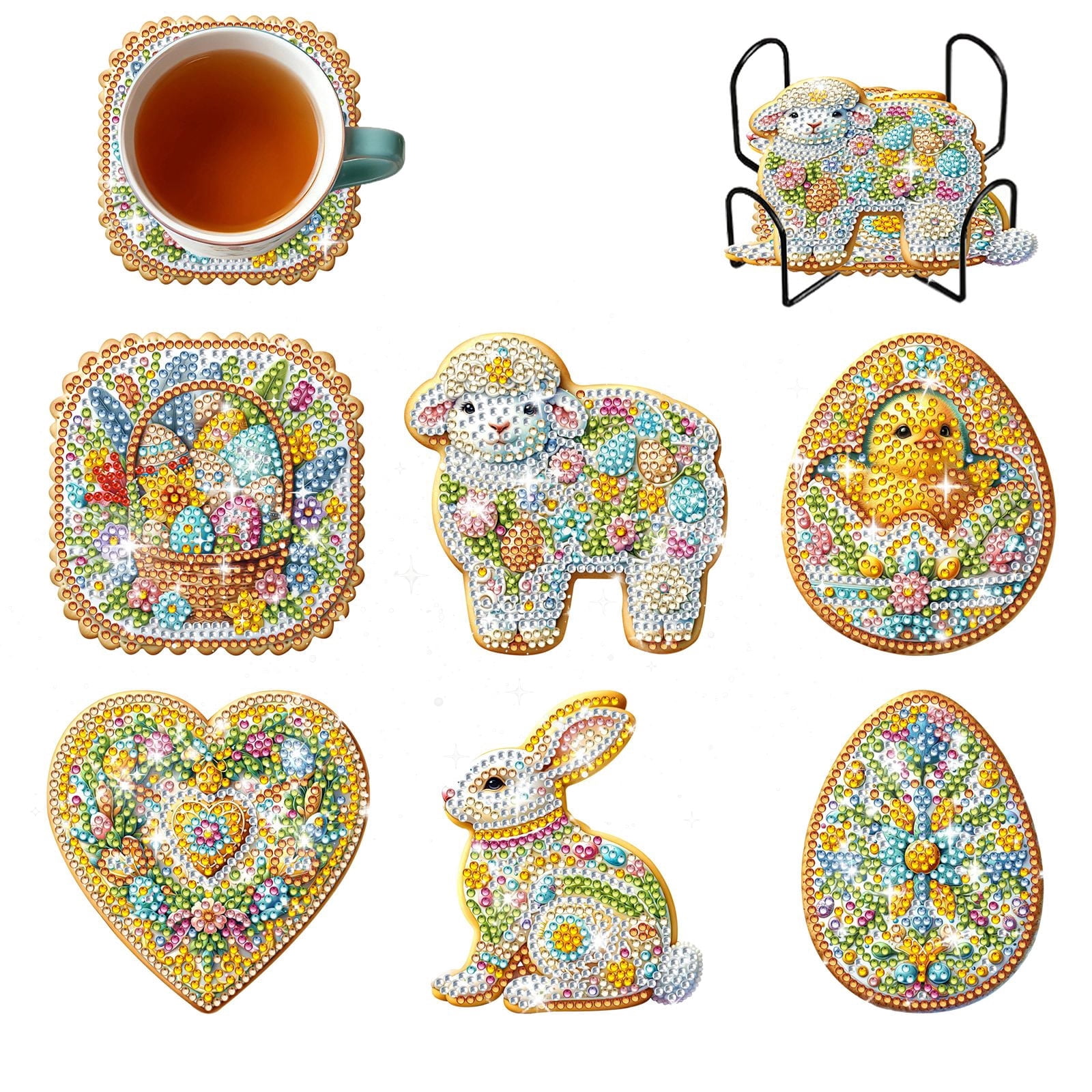 FLOPESN 6Pcs Easter DIY Diamond Art Coasters Kits, Creative Irregular Shape Wooden Desktop Decoration Gift Coasters -Easter Cookies