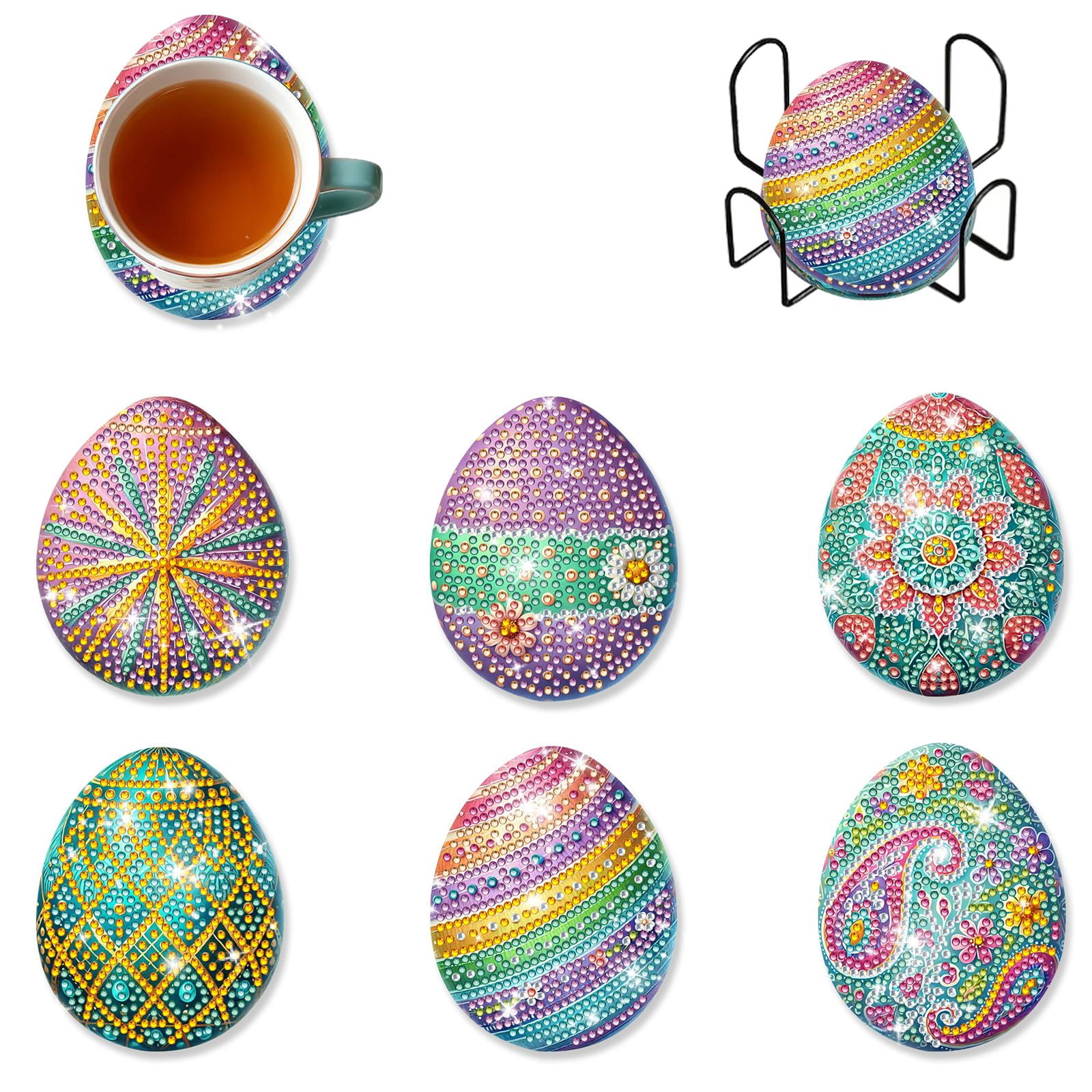 FLOPESN 6Pcs Easter DIY Diamond Art Coasters Kits, Creative Irregular Shape Wooden Desktop Decoration Gift Coasters -Easter Egg-1