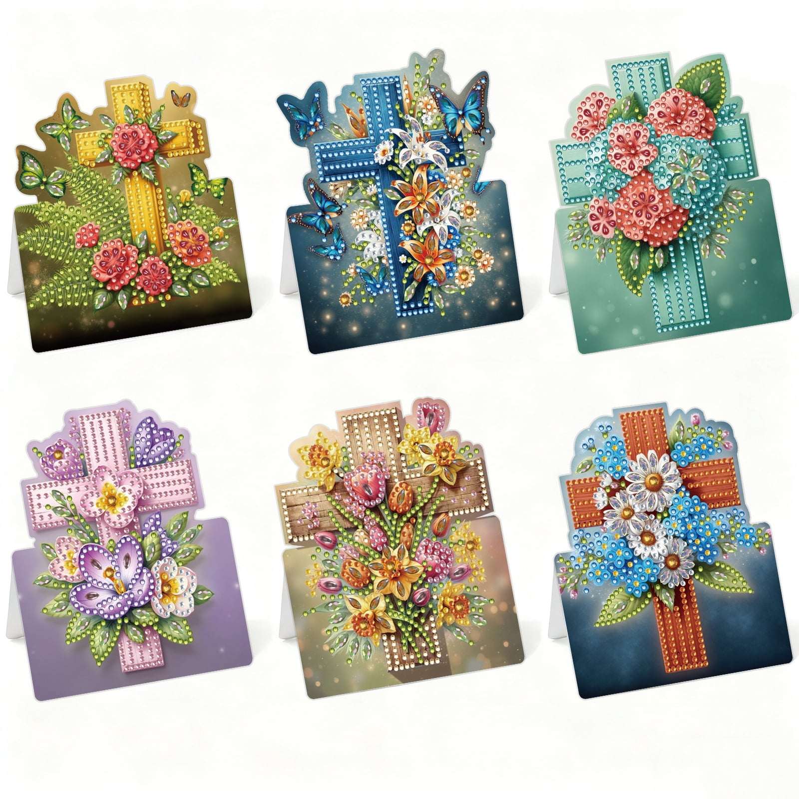 FLOPESN 6Pcs Easter Foldable Greeting Card set,DIY Diamond Art Painting with White Envelopes for Festival Holiday-Cross
