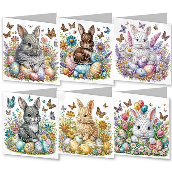 FLOPESN 6Pcs Folding Greeting Card Easter DIY Diamond Art Painting Creative Thank You Cards Set for Birthday Crafts Gift-Bunny Easter Eggs-B