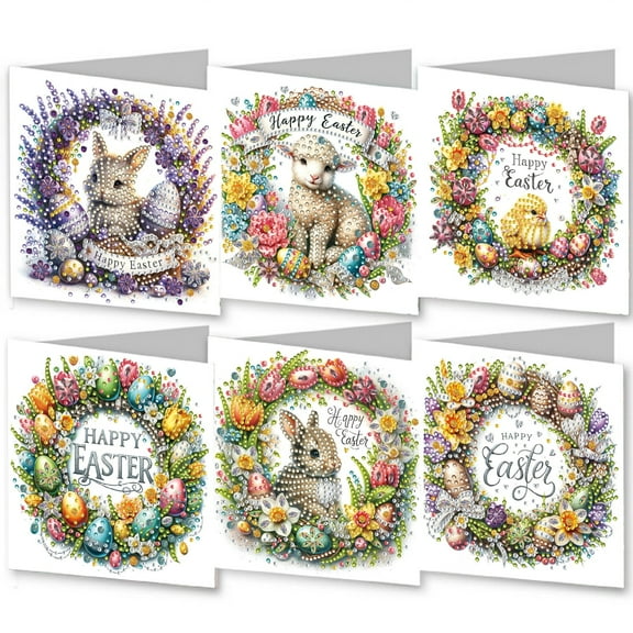 FLOPESN 6Pcs Folding Greeting Card Easter DIY Diamond Art Painting Creative Thank You Cards Set for Birthday Crafts Gift-Wreath