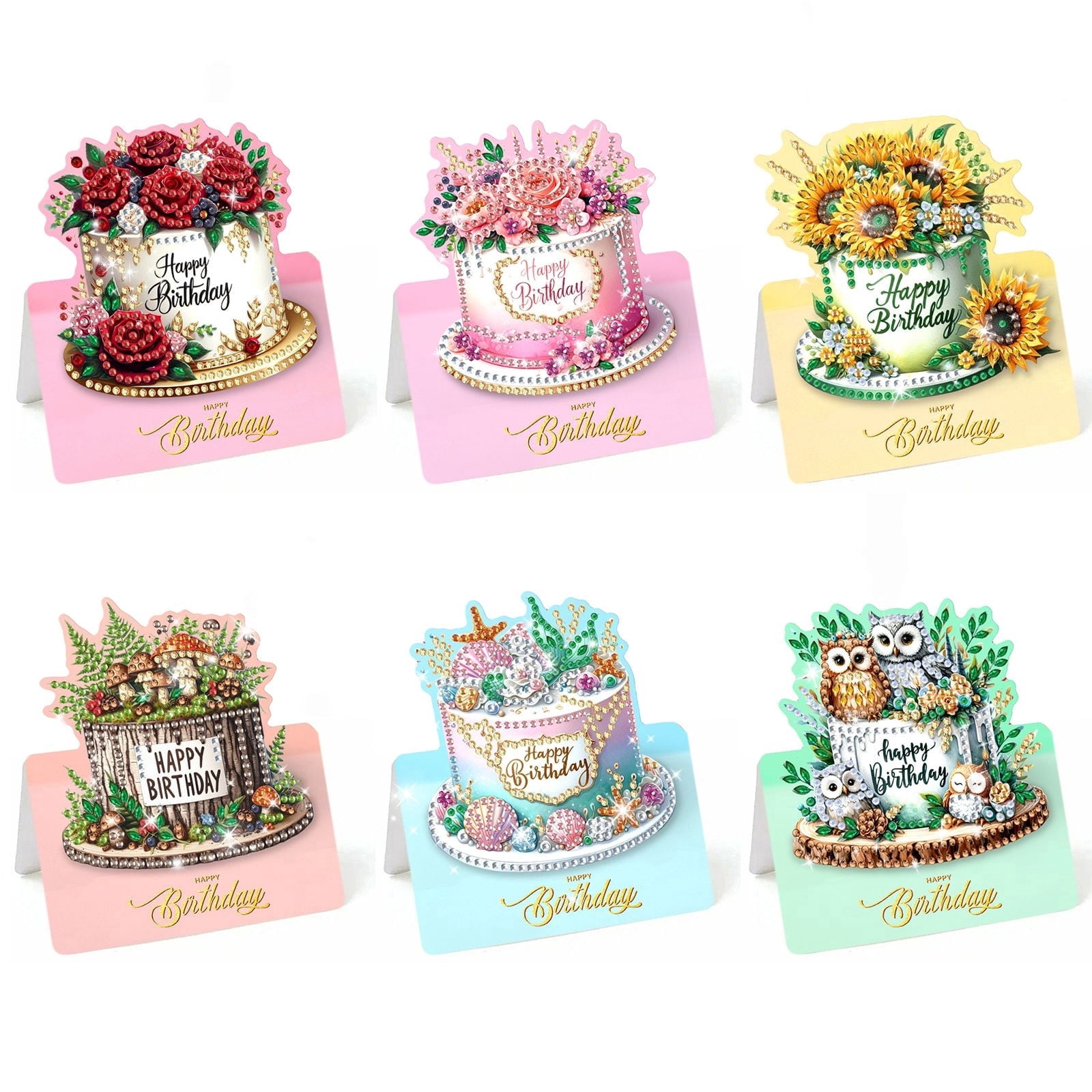 FLOPESN 6Pcs Happy Birthday DIY Diamond Art Painting Greeting Card,3D Folding Card Kit,White 4.5X9.1in Envelopes for Festival Gift-Birthday Cake
