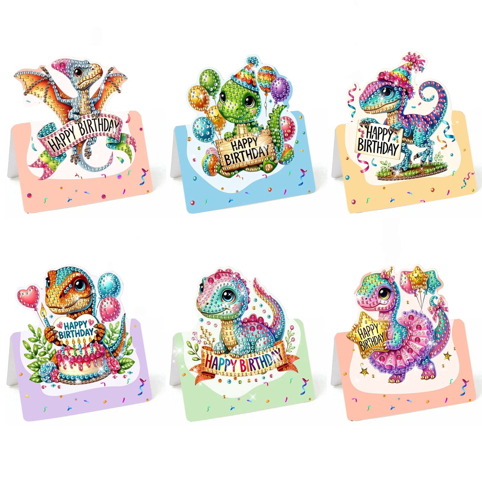 FLOPESN 6Pcs Happy Birthday DIY Diamond Art Painting Greeting Card,3D Folding Card Kit,White 4.5X9.1in Envelopes for Festival Gift-Birthday Dinosaur