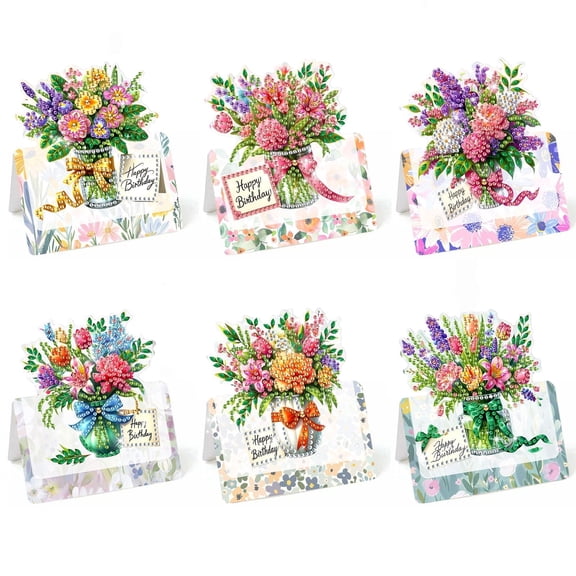 FLOPESN 6Pcs Happy Birthday DIY Diamond Art Painting Greeting Card,3D Folding Card Kit,White 4.5X9.1in Envelopes for Festival Gift-Bouquet
