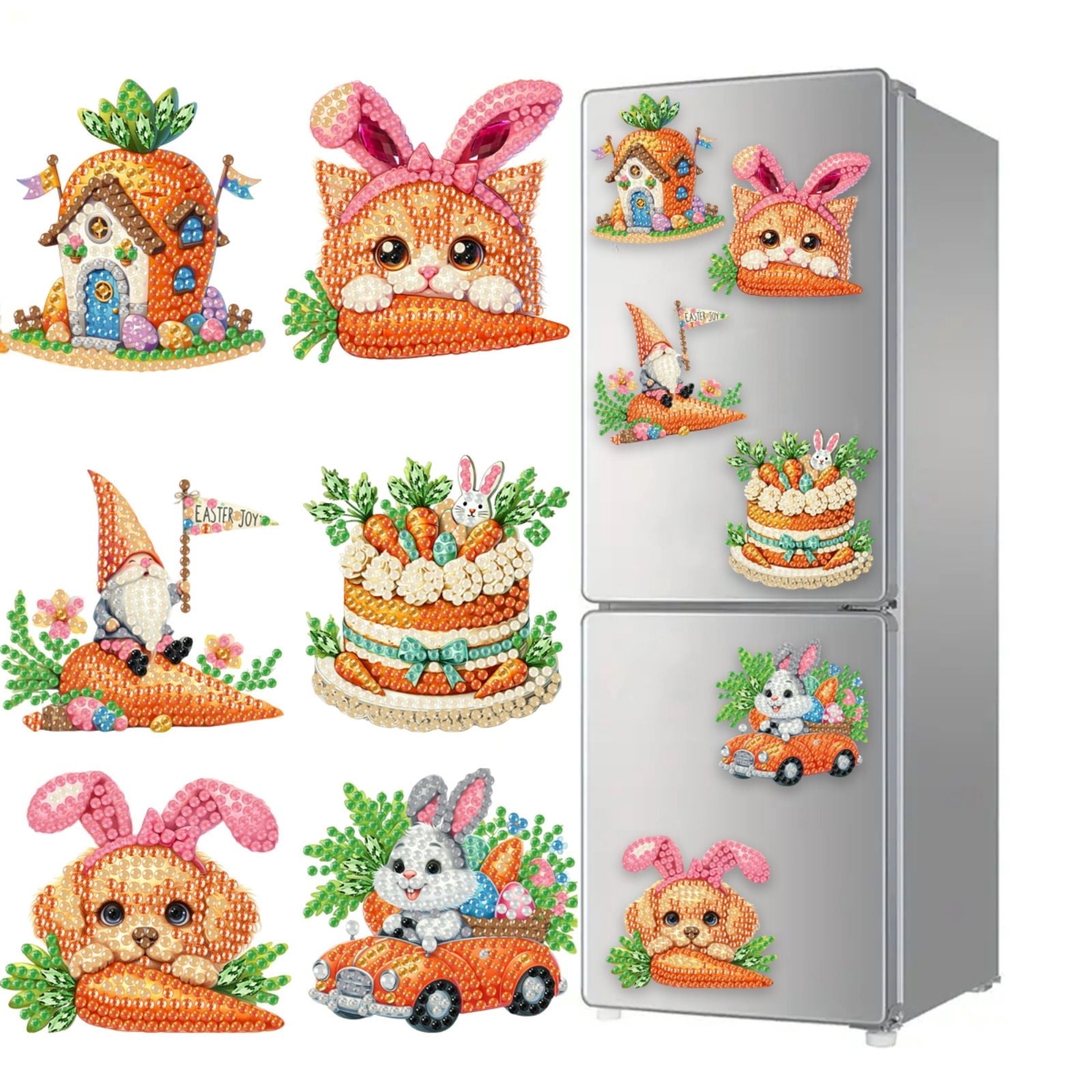 FLOPESN 6Pcs Holiday DIY Diamond Art Painting Refrigerator Magnet,Creative Design Easter St. Patrick's Day Acrylic Home Decors-Carrots
