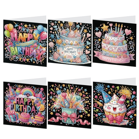 FLOPESN Birthday Cake Diamond Art Folding Card Set, 15x15cm Holiday Blessing Gift with Envelopes, DIY Craft Kit