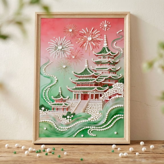 FLOPESN Buildings DIY Pearl Painting Kit - 9.84x13.78 Inch Complete Craft Set with Pre-printed Canvas & Tools, Stress Relief Wall Art for Adults, Home Decor Gift