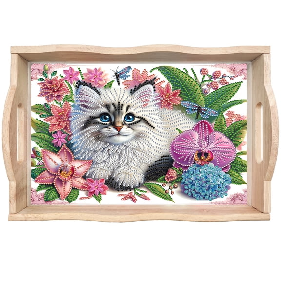 FLOPESN Cat Diamond Art Wooden Tray, Rectangular Partial Diamond Dinner Plate, Creative Handmade Home Decor Craft Kit