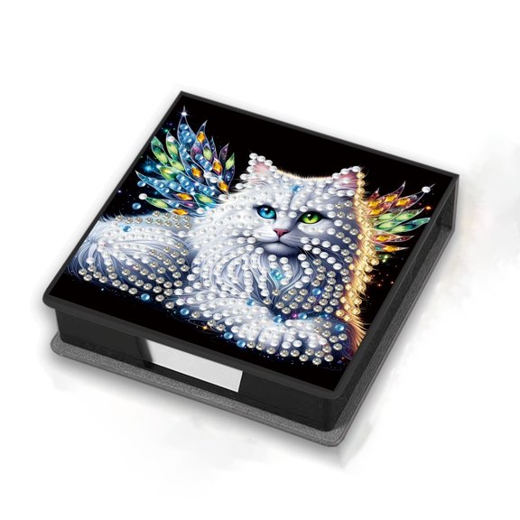 FLOPESN Christmas White Cat Diamond Art Note Box, Leather Message Paper Storage Organizer with 160 Notes, DIY Craft Kit