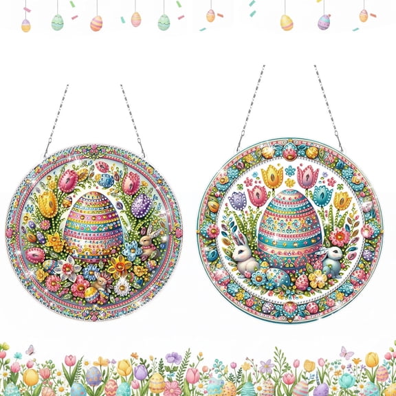 FLOPESN Circular Traditional-Style DIY Diamond Art Painting Pendant Easter Creative Design PET Material Home Decor Pendant