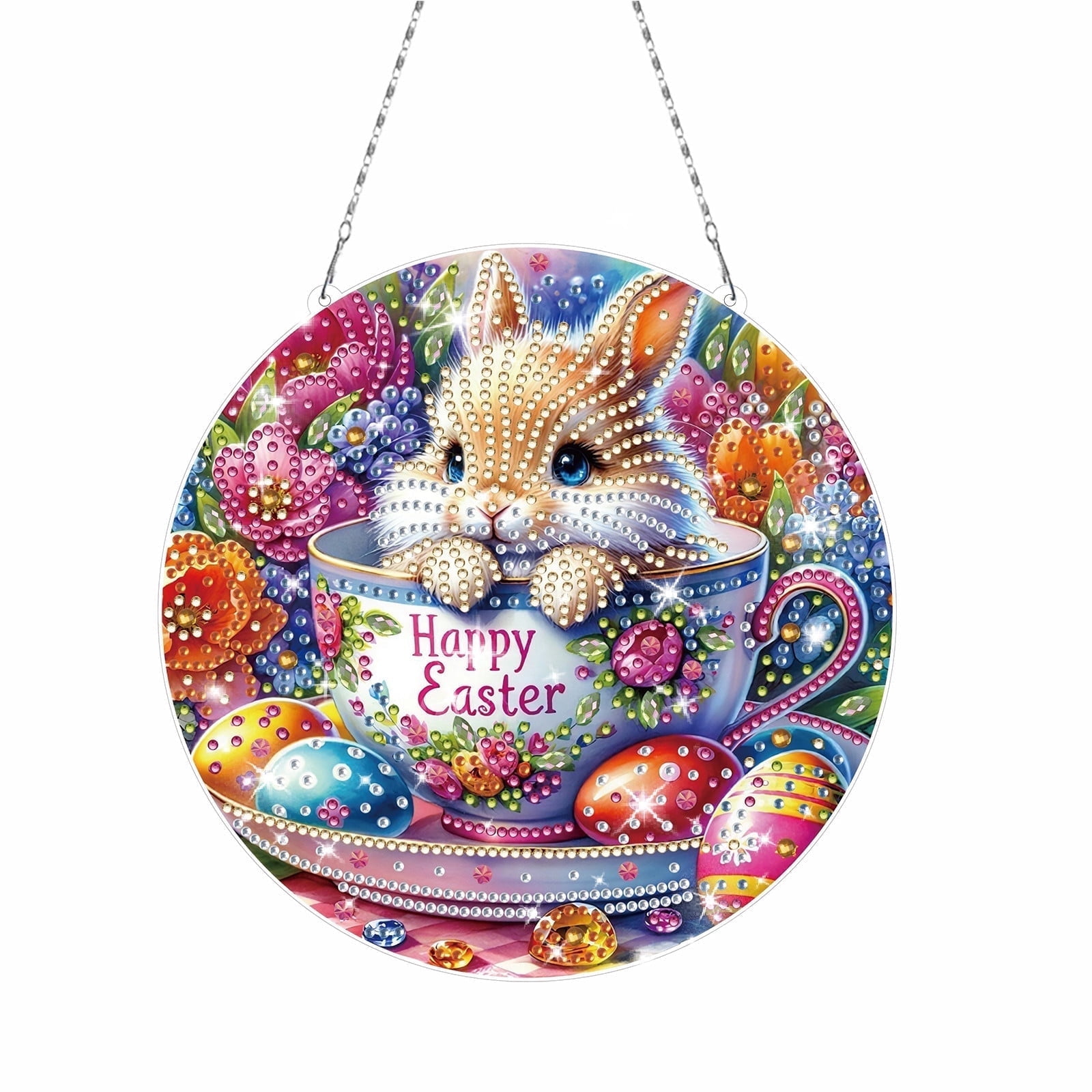 FLOPESN Circular Traditional-Style DIY Diamond Art Painting Pendant Easter Creative Design PET Material Home Decor Pendant