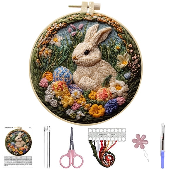 FLOPESN DIY 3D Colorful Easter Bunny Eggs Pattern Hand Embroidery Kit,Creative Design Beginner-Friendly Round Hoop Decorative Painting