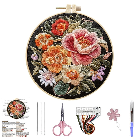 FLOPESN DIY 3D Colorful Flowers Pattern Hand Embroidery Kit ,Creative Design Beginner-Friendly Round Hoop Decorative Painting for craft lover