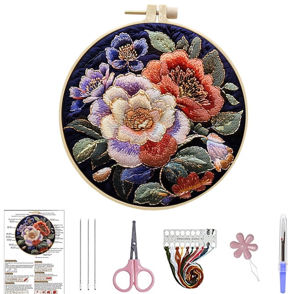 FLOPESN DIY 3D Colorful Flowers Pattern Hand Embroidery Kit ,Creative Design Beginner-Friendly Round Hoop Decorative Painting for craft lover