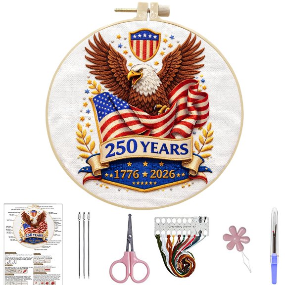 FLOPESN DIY American 250th Independence Day Pattern Kit, 7.87*7.87inch,Round Hoop Decorative Pattern with Hoop, Threads & Tools, Beginner-Friendly Hand Embroidery Kit