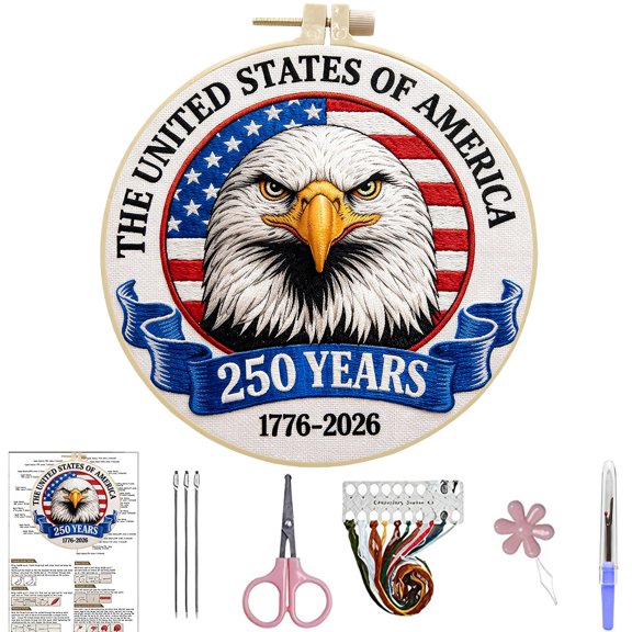 FLOPESN DIY American 250th Independence Day Pattern Kit, 7.87*7.87inch,Round Hoop Decorative Pattern with Hoop, Threads & Tools, Beginner-Friendly Hand Embroidery Kit