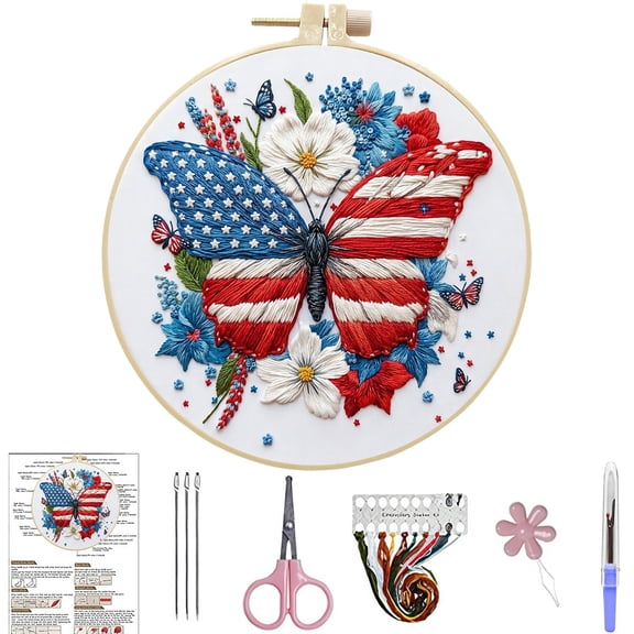 FLOPESN DIY American Independence Day Pattern Hand Embroidery Kit, 7.87*7.87inch, Butterfly Pattern Cross Stitch Set with Hoop, Threads & Tools, Beginner Friendly Handmade Art