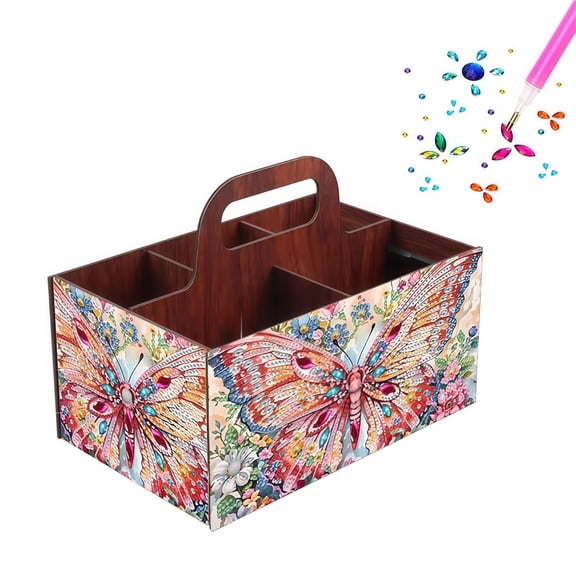 FLOPESN DIY Butterfly Diamond Art Painting 5 compartments Wooden Storage Box, 9.44*8.14in, Practical Rectangular Assembly Portable Multi-Grid Box