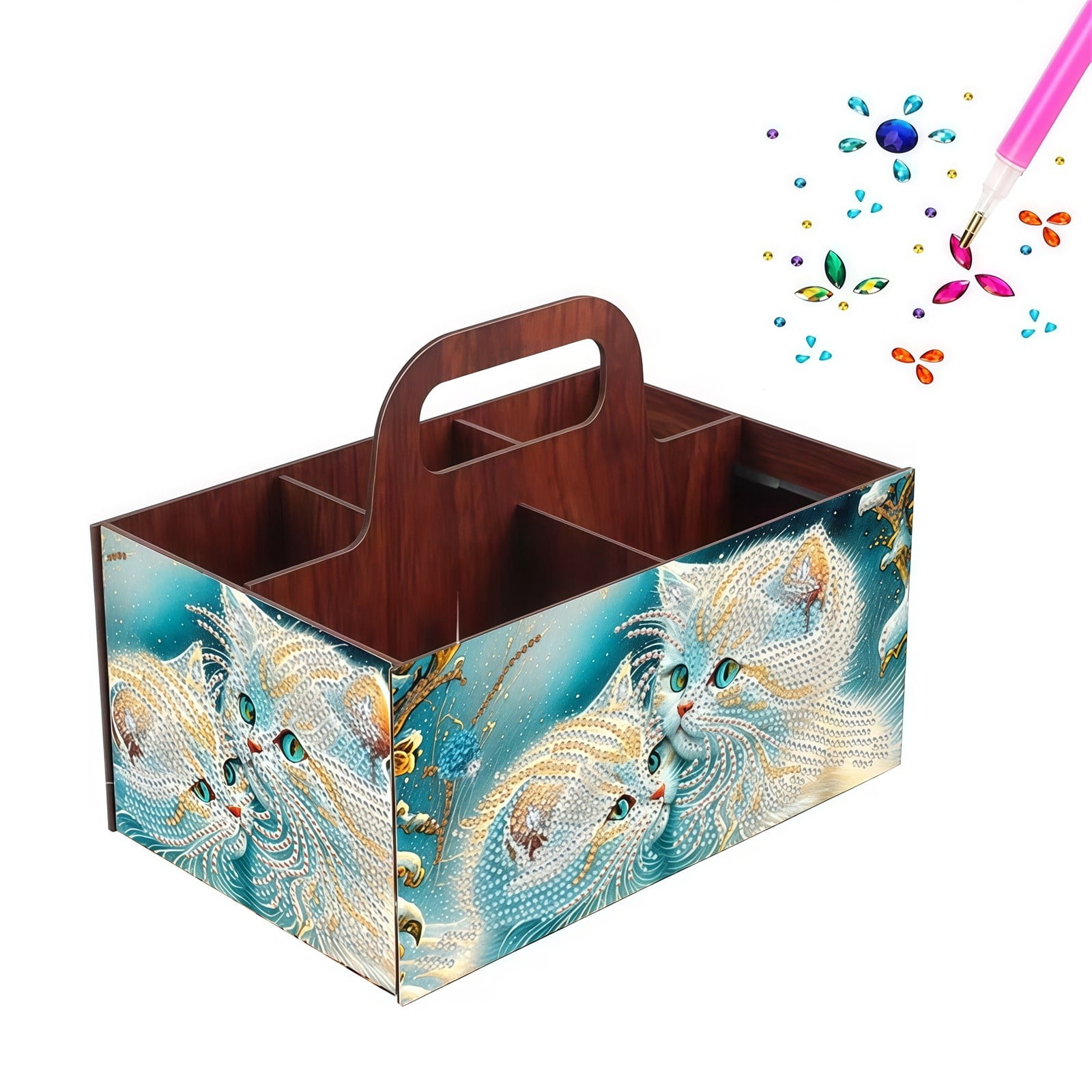 FLOPESN DIY Cat Diamond Art Painting 5 compartments Wooden Storage Box, 9.44*8.14in, Practical Rectangular Assembly Portable Multi-Grid Box
