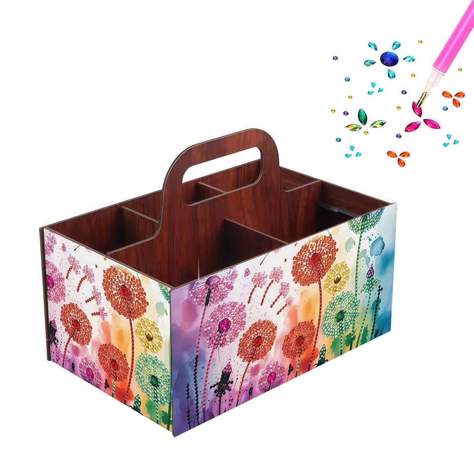 FLOPESN DIY Dandelion Diamond Art Painting 5 compartments Wooden Storage Box, 9.44*8.14in, Practical Rectangular Assembly Portable Multi-Grid Box
