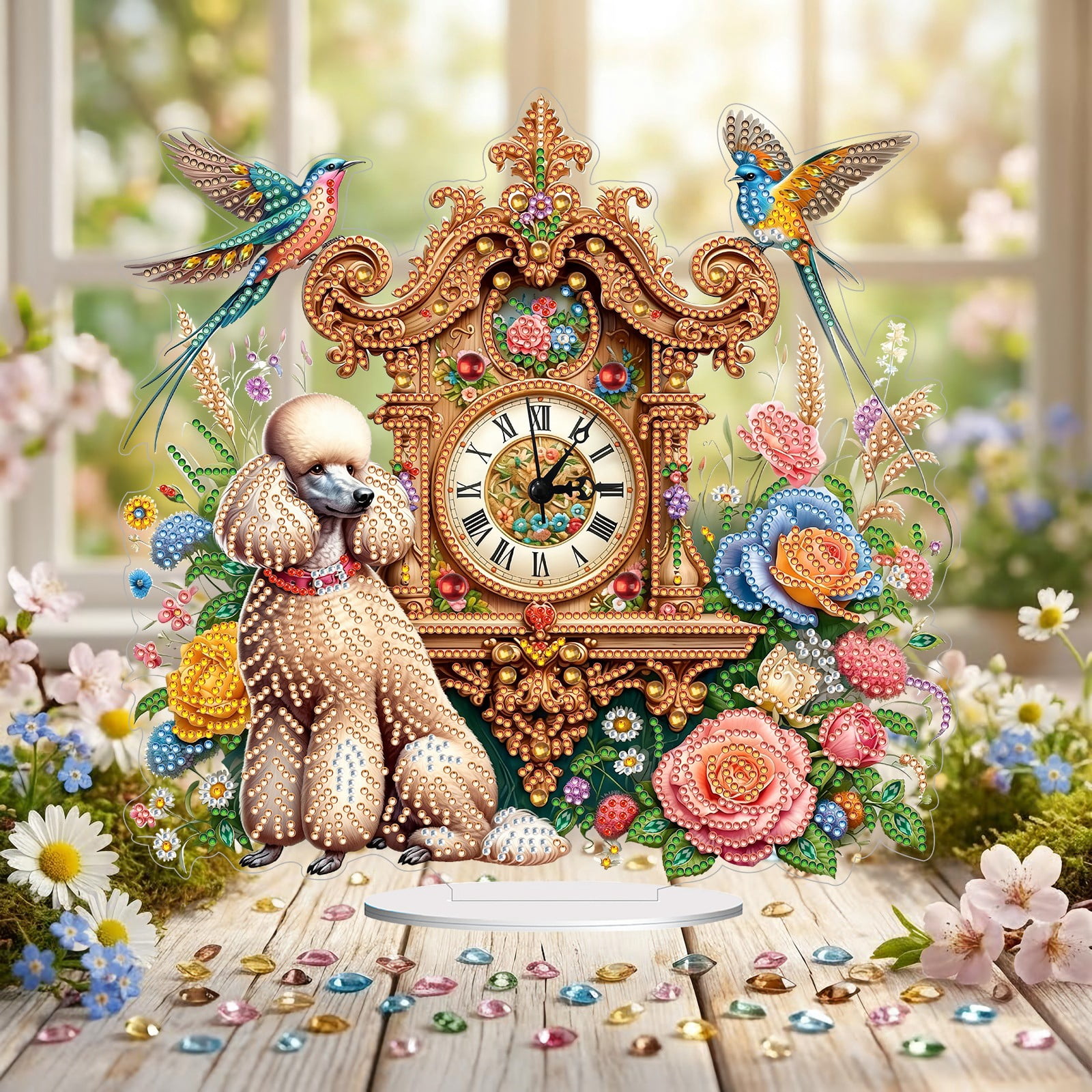 FLOPESN DIY Diamond Art Painting Desk Decor, 11.61*10.75 inch, Clock with Vintage Flowers and Birds Theme, Creative PET Table Ornament