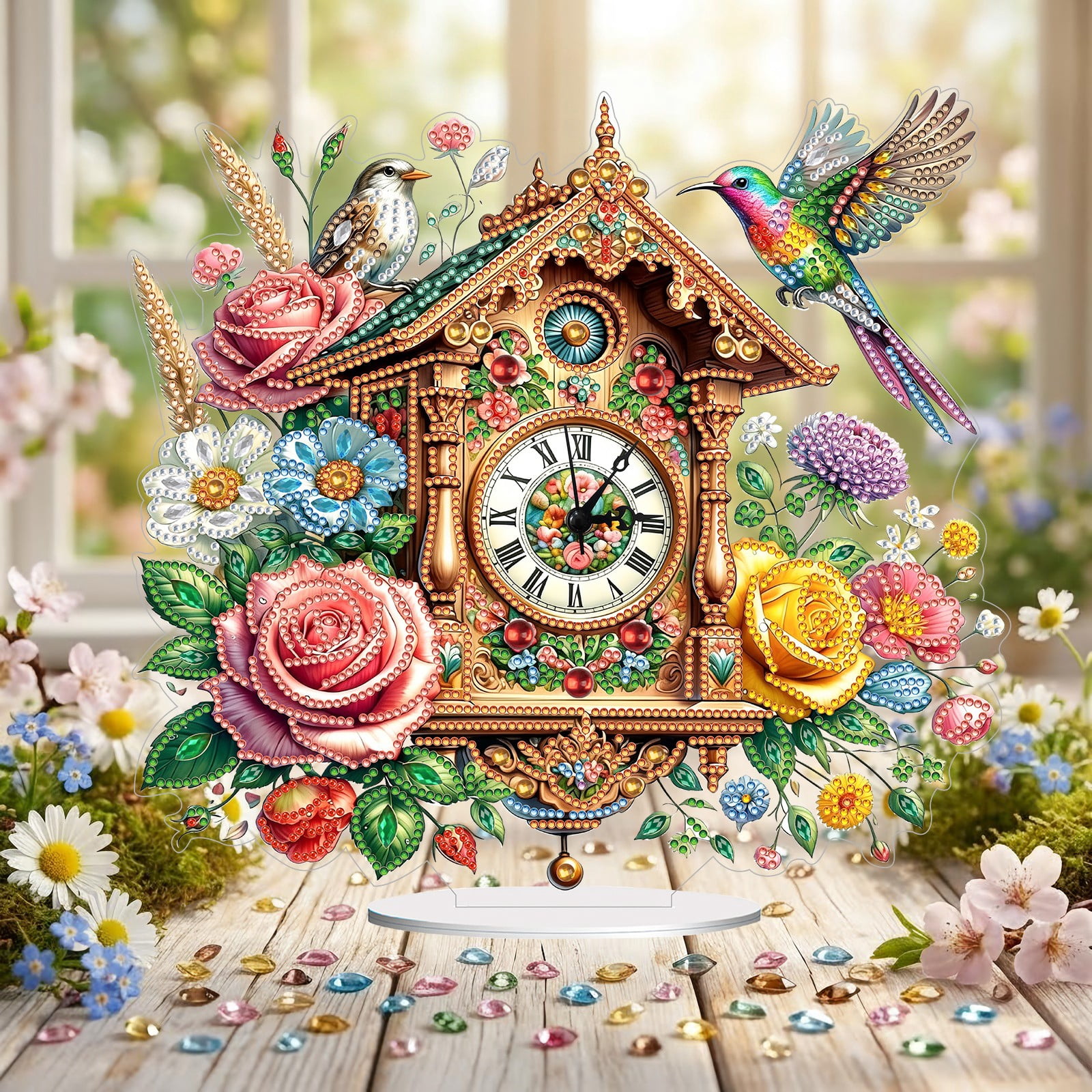 FLOPESN DIY Diamond Art Painting Desk Decor, 11.61*10.75 inch, Clock with Vintage Flowers and Birds Theme, Creative PET Table Ornament