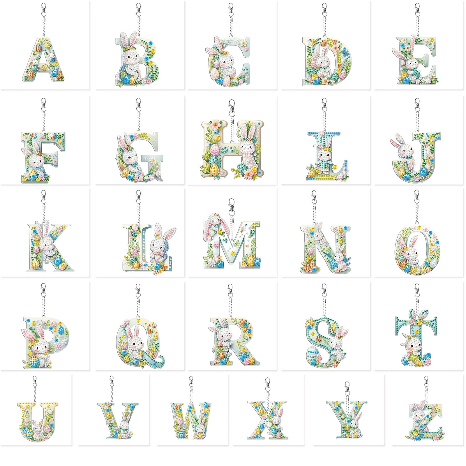 FLOPESN DIY Diamond Art Painting Easter Bunny Egg Letters Acrylic Keychain,Creative Design Double-Sided Diamond Craft For a gift to Friend Family-26 Letter