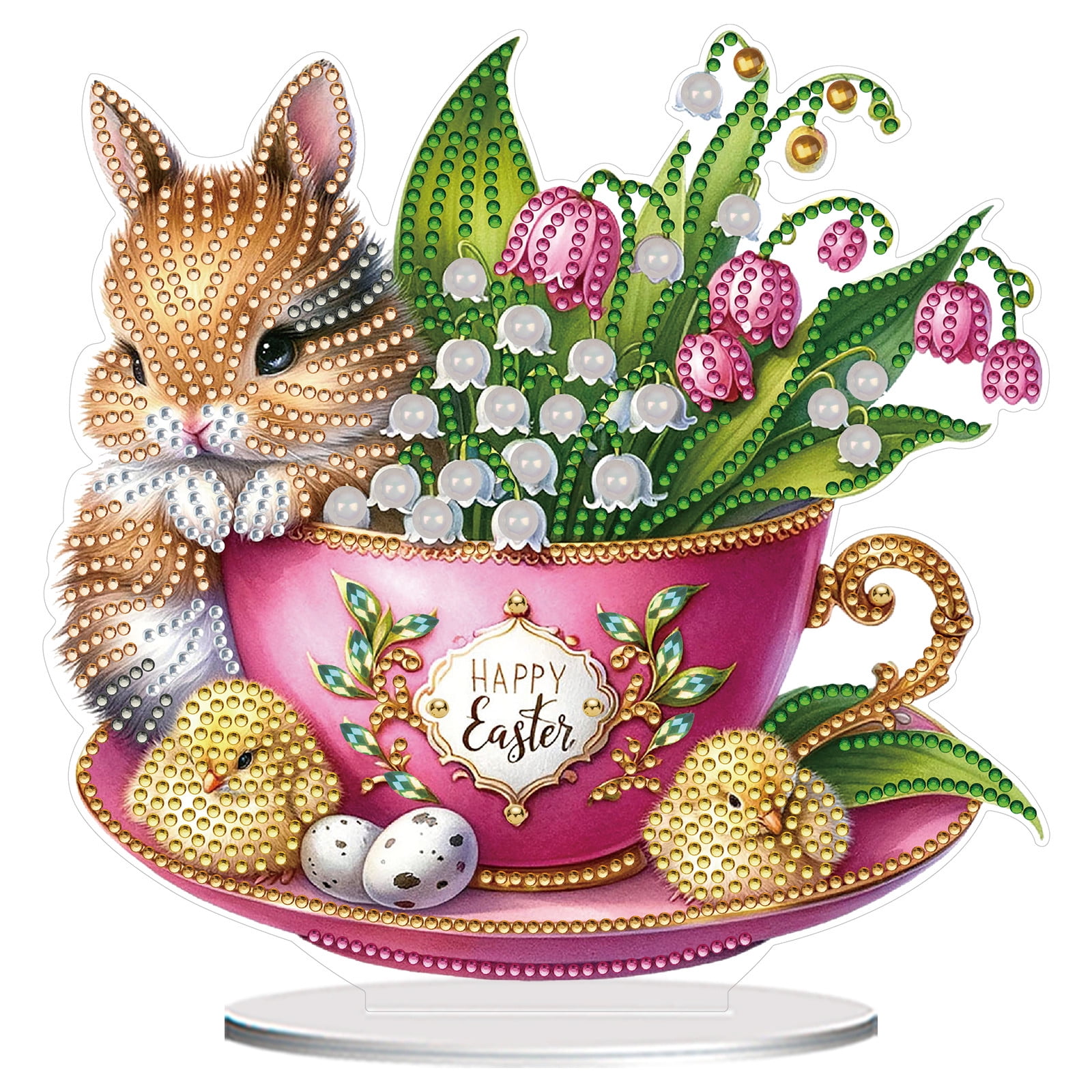 FLOPESN DIY Diamond Art Painting Easter Bunny Ornament Kits with Oval Base, Single-Sided Diamond Painting PET Craft for Home Decor