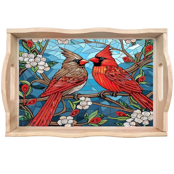 FLOPESN DIY Diamond Art Painting Handmade Wooden Tray,Creative Design Serving Dinner Plate for Coffee Living Room Home Organizer-Cardinal
